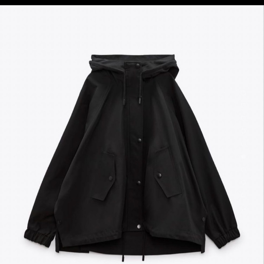Brand New Zara Black Oversized Waterproof Water Repellent Hooded Parka Jacket